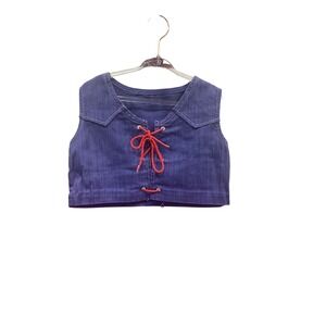 Vintage Kids Denim Crop Top Lace Up Front Red Cord Indigo Blue Sleeveless Vest